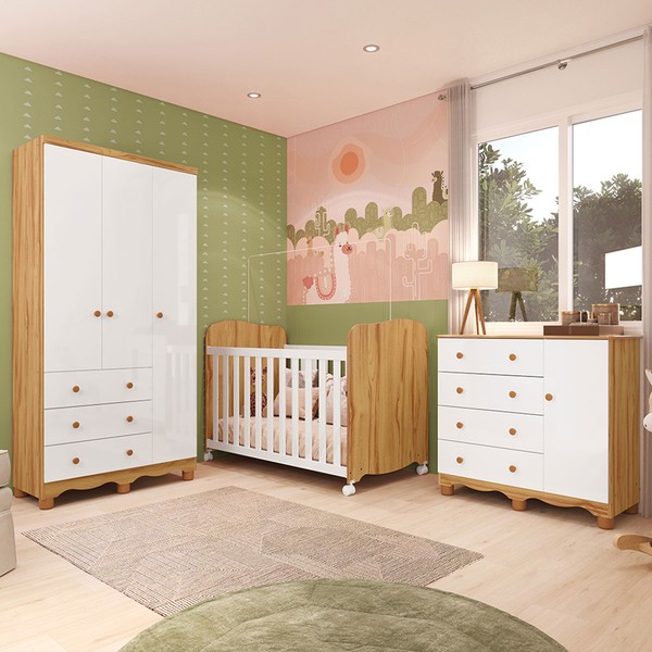 Quarto de Bebê Completo Celline 100% Mdf 4 Portas 7 Gavetas Branco/Amêndoa - Pnr Móveis