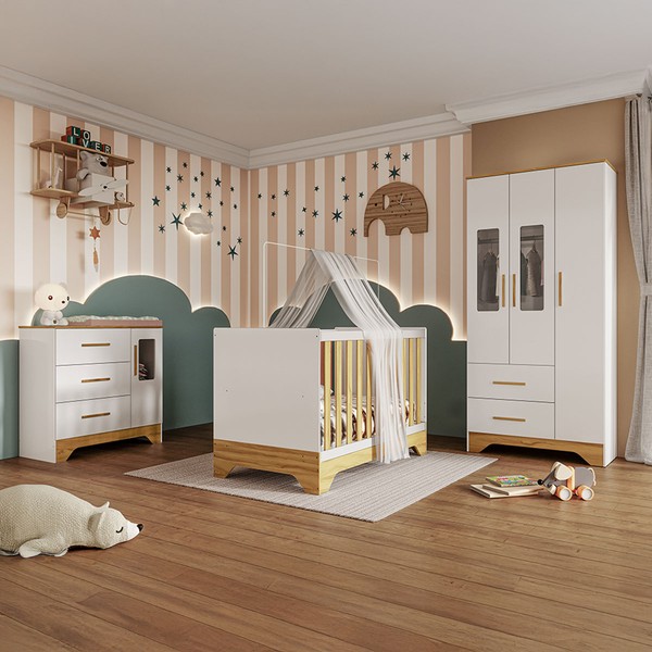 Quarto de Bebê Completo Ariel 100% Mdf 4 Portas 5 Gavetas Branco/Amêndoa - Pnr Móveis