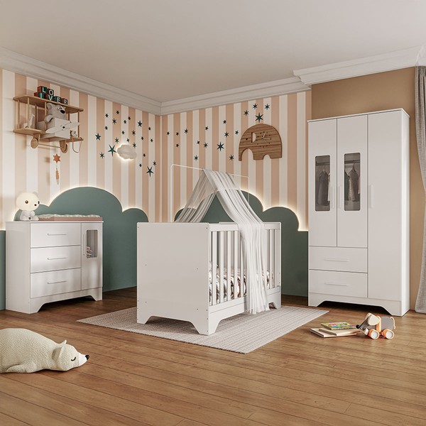 Quarto de Bebê Completo Lili 100% Mdf 4 Portas 5 Gavetas Branco Brilho - Pnr Móveis