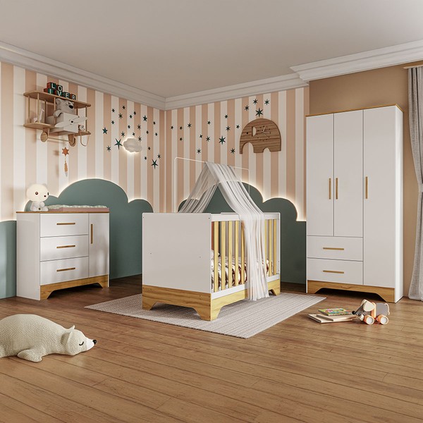 Quarto de Bebê Completo Lili 100% Mdf 4 Portas 5 Gavetas Branco/Amêndoa - Pnr Móveis