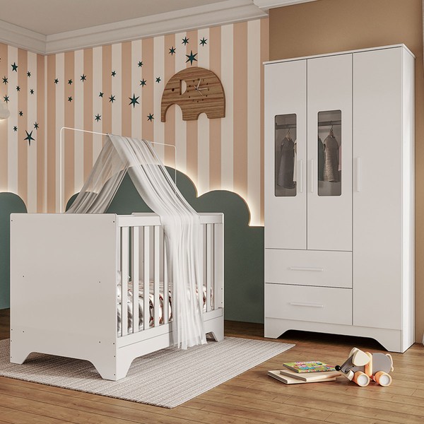 Quarto de Bebê Completo Sasha 100% Mdf 3 Portas 2 Gavetas Branco Brilho - Pnr Móveis