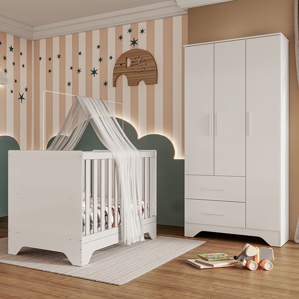 Quarto de Bebê Completo Sofi 100% Mdf 3 Portas 2 Gavetas Branco Brilho - Pnr Móveis