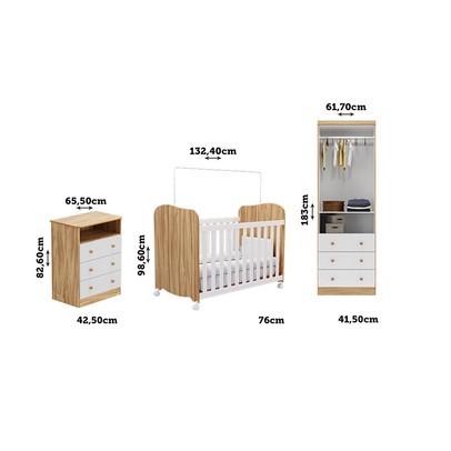 Quarto de Bebê Completo Lorenzo 100% Mdf 2 Portas 6 Gavetas Branco Brilho/Amêndoa - Pnr Móveis