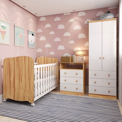 Quarto de Bebê Completo Lorenzo 100% Mdf 2 Portas 6 Gavetas Branco Brilho/Amêndoa - Pnr Móveis