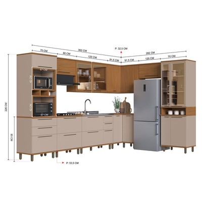 Cozinha Completa Munique 17 Portas 6 Gavetas com Vidro 6154.198 Freijó/Camurça - Indékes