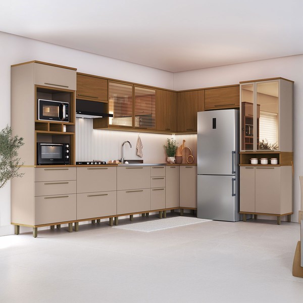 Cozinha Completa Munique 17 Portas 6 Gavetas com Vidro 6154.198 Freijó/Camurça - Indékes