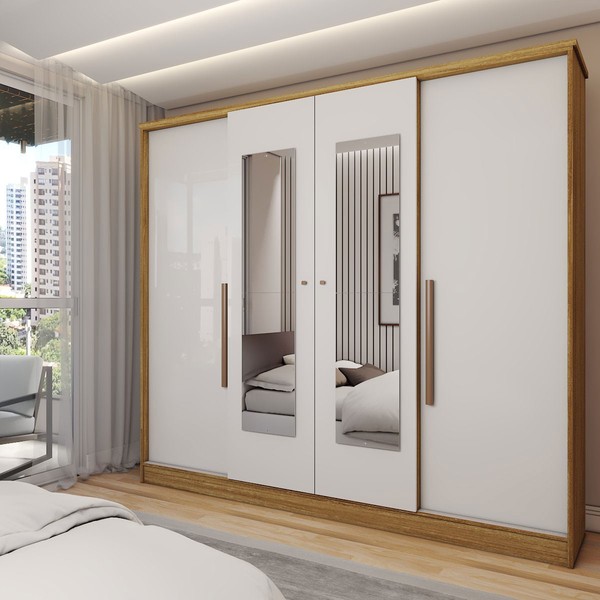 Guarda-Roupa Solteiro Adam 4 Portas 2 Gavetas com Espelho Marrocos/Off White - Panorama Móveis