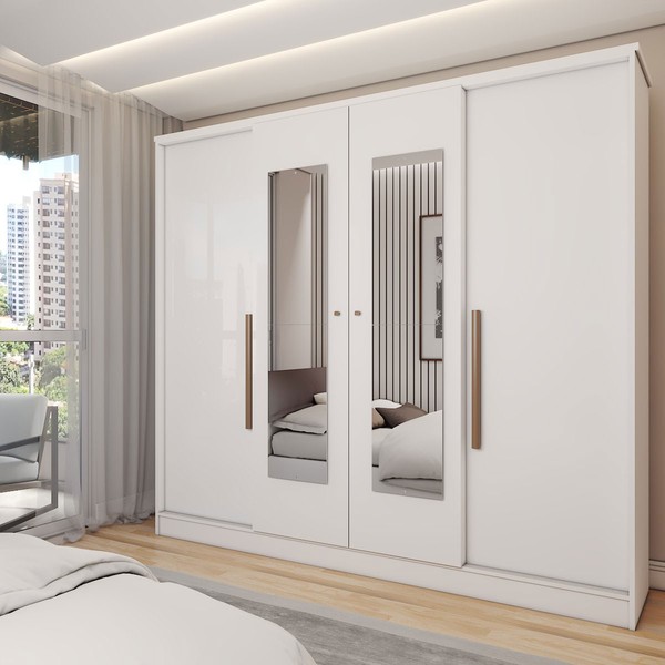 Guarda-Roupa Solteiro Adam 4 Portas 2 Gavetas com Espelho Branco  - Panorama Móveis