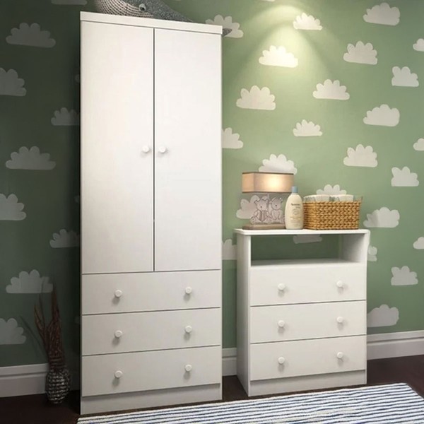 Quarto de Bebê Completo Bernardo 100% Mdf 2 Portas 6 Gavetas Branco Brilho - Pnr Móveis