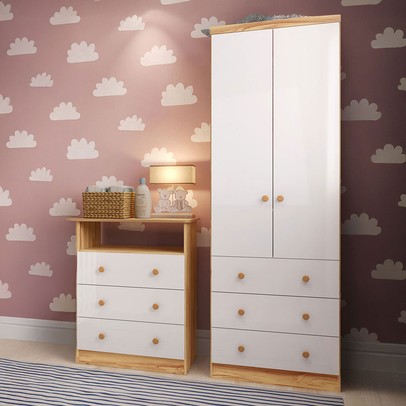 Quarto de Bebê Completo Bernardo 100% Mdf 2 Portas 6 Gavetas Branco/Amêndoa - Pnr Móveis