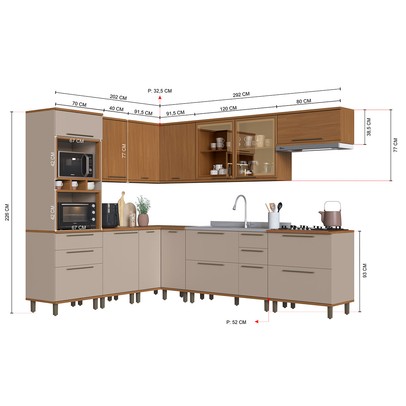 Cozinha Completa Munique 14 Portas 6 Gavetas com Vidro 6154.199 Freijó/Camurça - Indékes