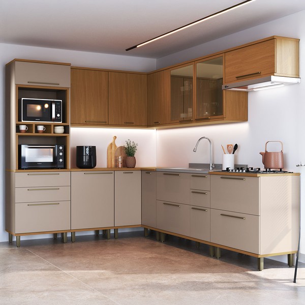 Cozinha Completa Munique 14 Portas 6 Gavetas com Vidro 6154.199 Freijó/Camurça - Indékes