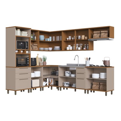 Cozinha Completa Munique 14 Portas 6 Gavetas com Vidro 6154.199 Freijó/Camurça - Indékes