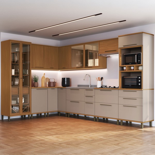 Cozinha Completa Munique 16 Portas 7 Gavetas com Vidro 6154.200 Freijó/Camurça - Indékes