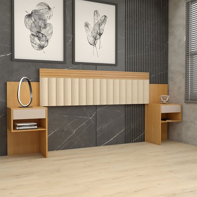 Cabeceira Extensível Casal/Queen Luna 2 Gavetas Cinamomo/Off White Estrutura Premium 15mm - Panorama Móveis