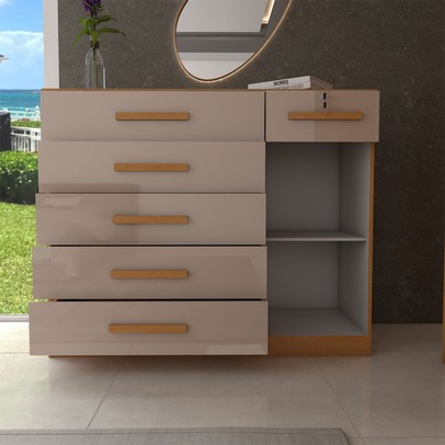 Cômoda Fleur 1 Porta 6 Gavetas Cinamomo/Off White Estrutura Premium 15mm - Panorama Móveis