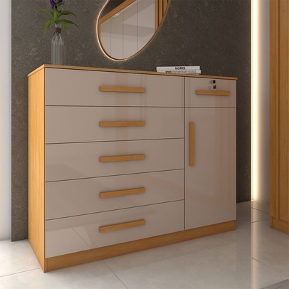 Cômoda Fleur 1 Porta 6 Gavetas Cinamomo/Off White Estrutura Premium 15mm - Panorama Móveis