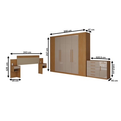 Quarto Completo Casal Aconchego 7 Portas 11 Gavetas Cinamomo/Off White Estrutura Premium 15mm - Panorama Móveis