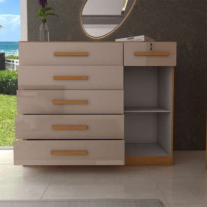 Quarto Completo Casal Aconchego 7 Portas 11 Gavetas Cinamomo/Off White Estrutura Premium 15mm - Panorama Móveis