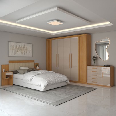 Quarto Completo Casal Aconchego 7 Portas 11 Gavetas Cinamomo/Off White Estrutura Premium 15mm - Panorama Móveis