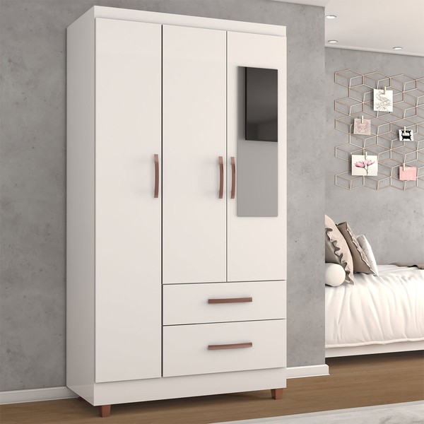 Guarda-Roupa Solteiro Florença Plus 3 Portas 2 Gavetas com Espelho Branco Brilho - Panorama Móveis