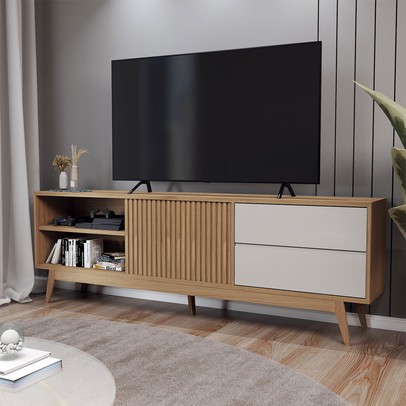 Rack para TV Até 75 Polegadas Normandia 1 Porta 2 Gavetas Freijó/Off White - Panorama Móveis