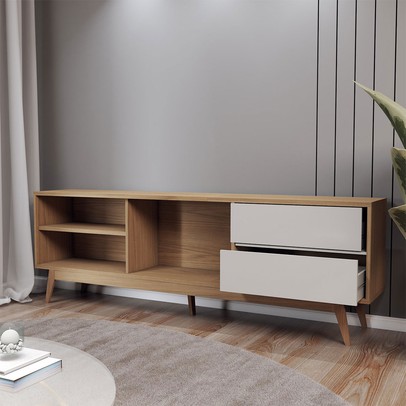 Rack para TV Até 75 Polegadas Normandia 1 Porta 2 Gavetas Freijó/Off White - Panorama Móveis