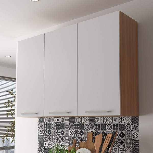 Armário Aéreo Cozinha 120 Cm 3 Portas 2 Prateleiras Cz3109 Freijó/Branco - Tecno Mobili