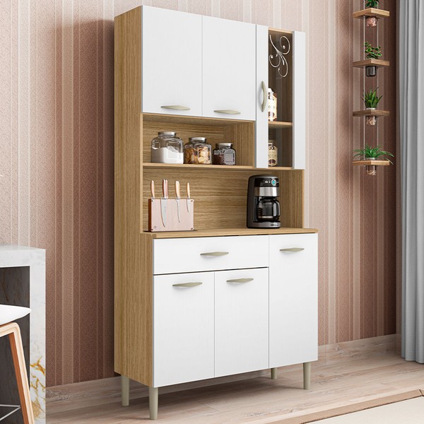 Armário de Cozinha com Balcão Star 6 Portas 1 Gaveta com Vidro Freijó/Supremo - Pnr Móveis