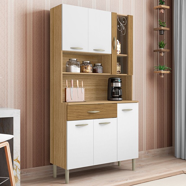 Armário de Cozinha com Balcão Star 6 Portas 1 Gaveta com Vidro Ripado 3d Freijó/Supremo - Pnr Móveis