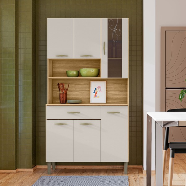 Armário de Cozinha com Balcão Star 6 Portas 1 Gaveta com Vidro Freijó/Soft - Pnr Móveis