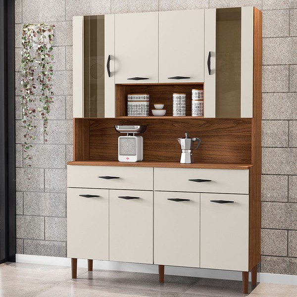 Armário de Cozinha com Balcão Star 8 Portas 2 Gavetas com Vidro Nogueira/Off White - Pnr Móveis