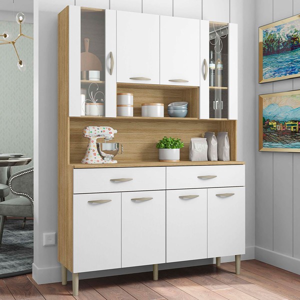 Armário de Cozinha com Balcão Star 8 Portas 2 Gavetas com Vidro Freijó/Supremo - Pnr Móveis