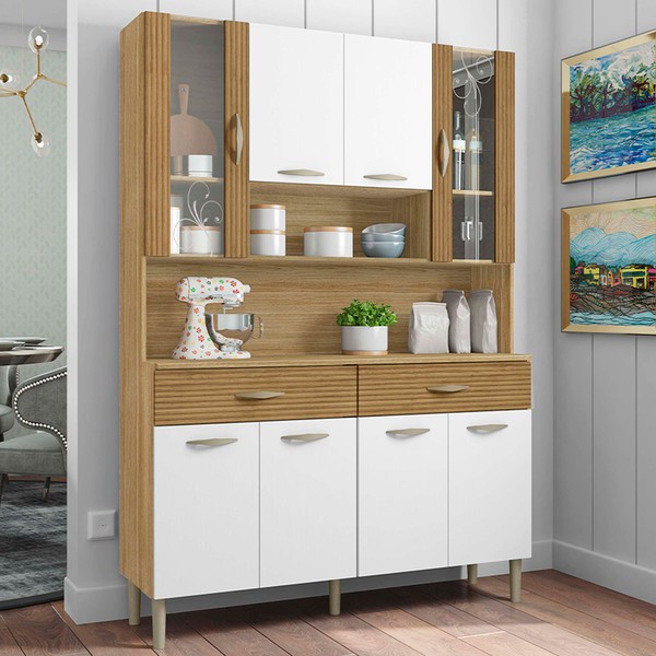 Armário de Cozinha com Balcão Star 8 Portas 2 Gavetas com Vidro Ripado 3d Freijó/Supremo - Pnr Móveis