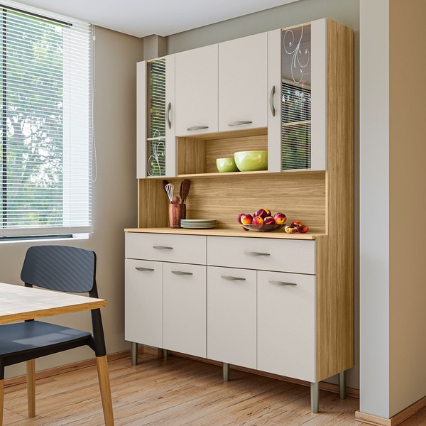 Armário de Cozinha com Balcão Star 8 Portas 2 Gavetas com Vidro Freijó/Soft - Pnr Móveis
