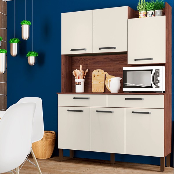 Armário de Cozinha com Balcão Romênia 6 Portas 2 Gavetas Nogueira/Off White - Pnr Móveis