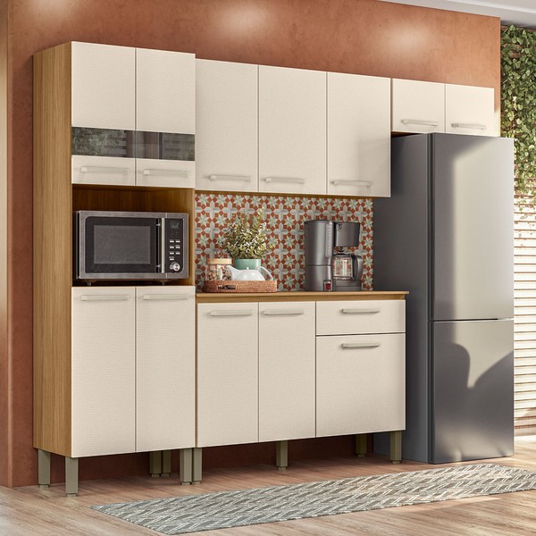 Armário de Cozinha com Balcão Boreal 12 Portas 1 Gaveta com Vidro Freijó/Soft - Pnr Móveis