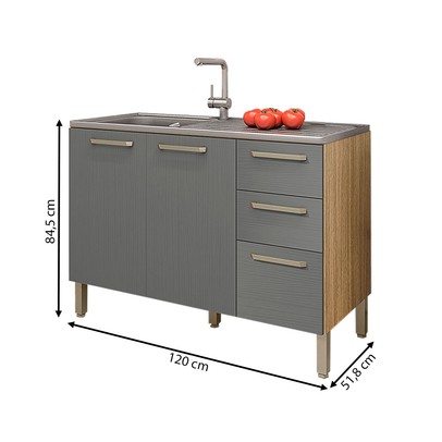 Balcão de Cozinha para Pia 120 Cm Mad Boreal 3 Portas 2 Gavetas Freijó/Gris - Pnr Móveis