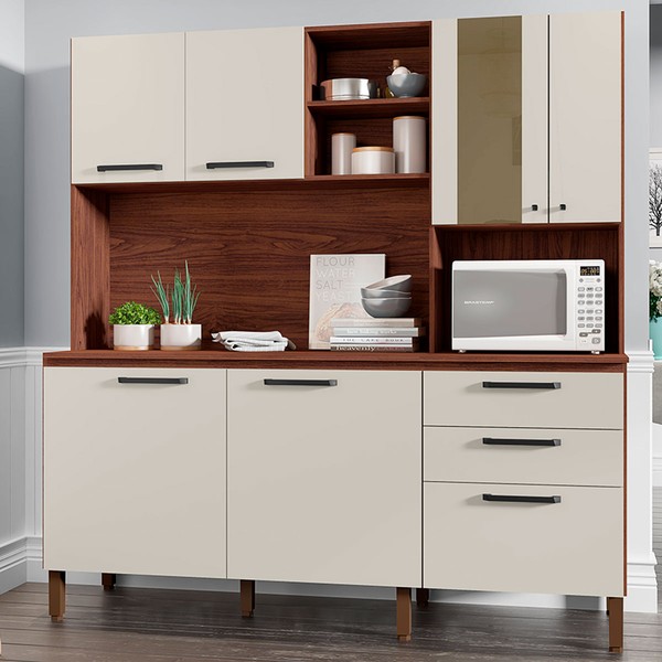 Armário de Cozinha com Balcão Altesa 7 Portas 2 Gavetas com Vidro Nogueira/Off White - Pnr Móveis