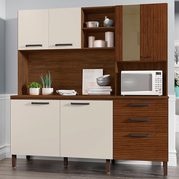 Armário de Cozinha com Balcão Altesa 7 Portas 2 Gavetas com Vidro Ripado 3d Nogueira/Off White - Pnr Móveis