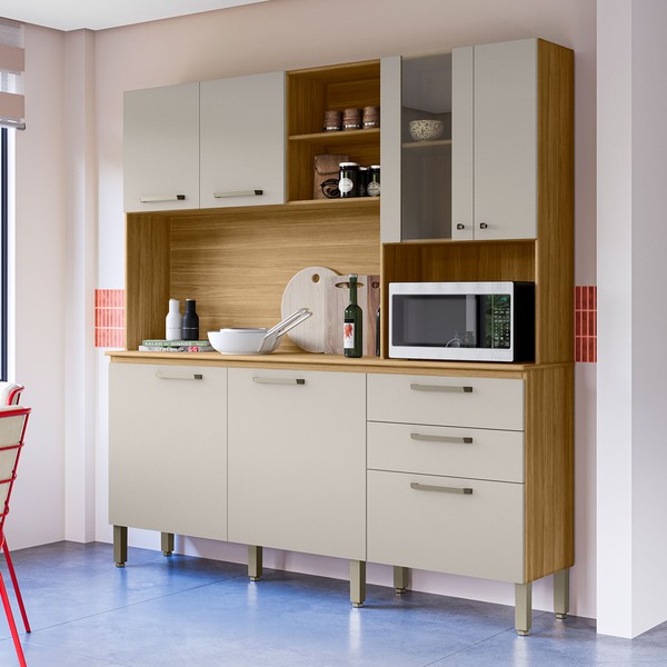 Armário de Cozinha com Balcão Altesa 7 Portas 2 Gavetas com Vidro Freijó/Soft - Pnr Móveis