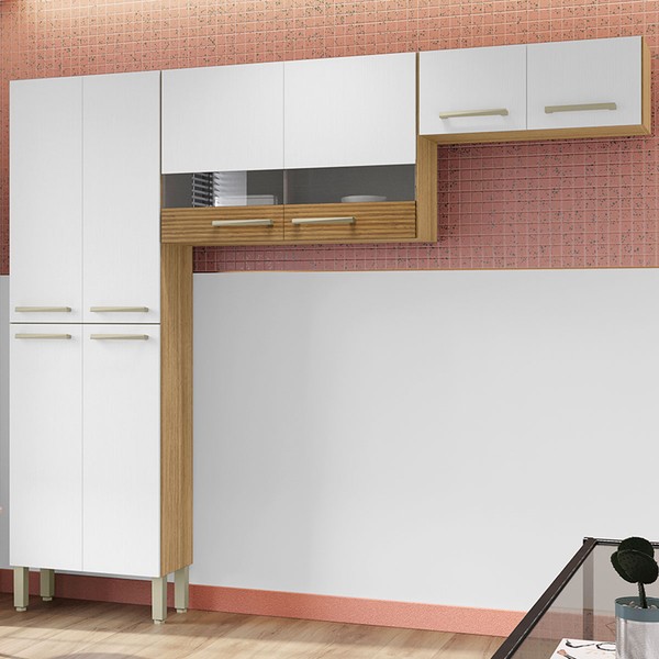 Armário de Cozinha Aurora 8 Portas com Vidro Ripado 3d Freijó/Supremo - Pnr Móveis