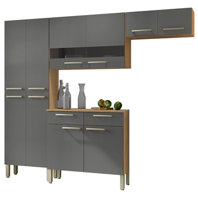 Armário de Cozinha com Balcão Aurora 10 Portas 2 Gavetas com Vidro Freijó/Gris - Pnr Móveis