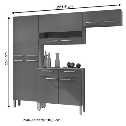 Armário de Cozinha com Balcão Aurora 10 Portas 2 Gavetas com Vidro Freijó/Gris - Pnr Móveis