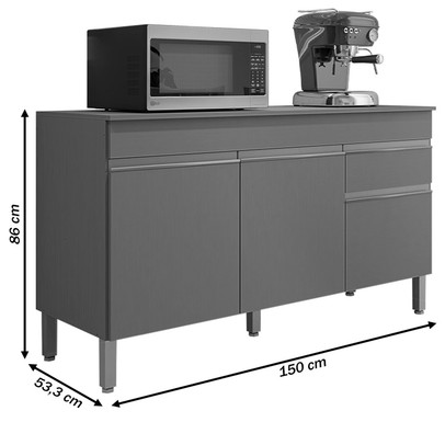 Balcão de Cozinha Silver 150 Cm 3 Portas 1 Gaveta Gris - Pnr Móveis