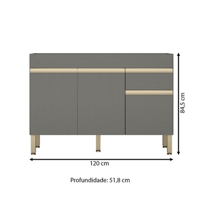 Balcão de Cozinha para Pia 120 Cm Silver 3 Portas 1 Gaveta Gris - Pnr Móveis