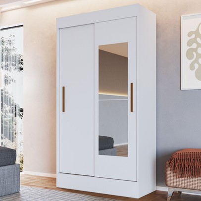 Guarda-Roupa Solteiro Lyon 2 Portas 2 Gavetas com Espelho Branco - Doripel Móveis