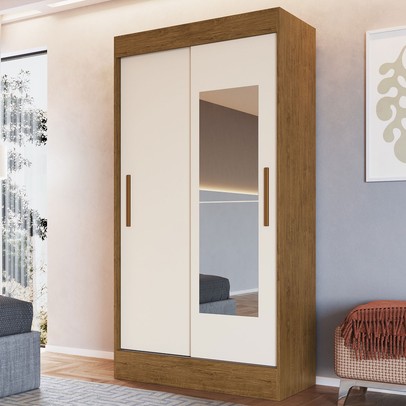 Guarda-Roupa Solteiro Lyon 2 Portas 2 Gavetas com Espelho Off White/Nogueira - Doripel Móveis