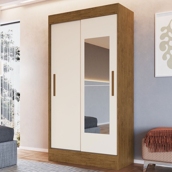 Guarda-Roupa Solteiro Lyon 2 Portas 2 Gavetas com Espelho Off White/Nogueira - Doripel Móveis