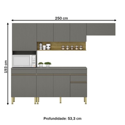Armário de Cozinha com Balcão Silver 9 Portas 1 Gaveta Gris/Freijó - Pnr Móveis